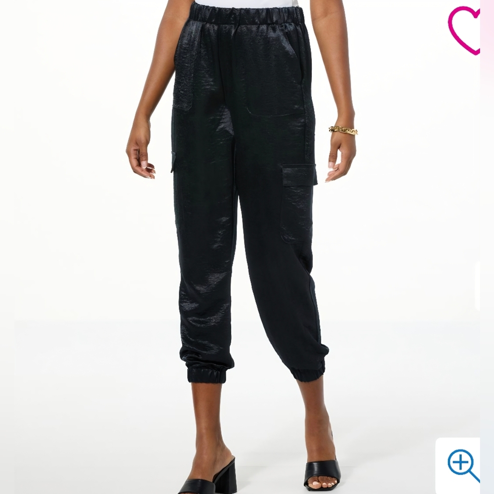 New G by Giuliana Women's Label Satin Jogger Black XL Modern Sexy Pants QVC